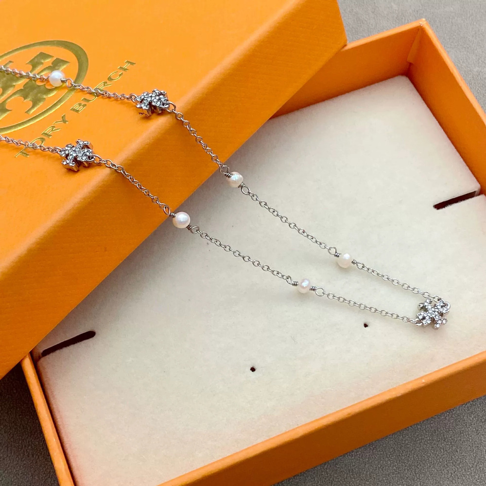 Tory Burch Boutique Rhinestone Pearl Initial Silver Necklace